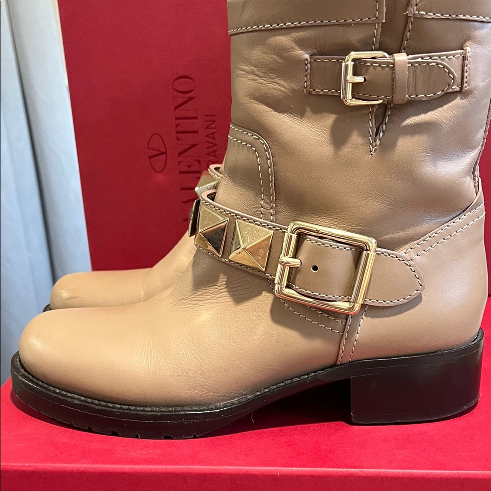 Valentino Garavani Beige Ankle Boots with Gold Studs